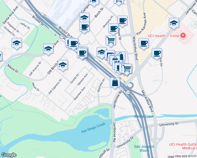 map of restaurants, bars, coffee shops, grocery stores, and more near 118 Baycrest Court in Newport Beach