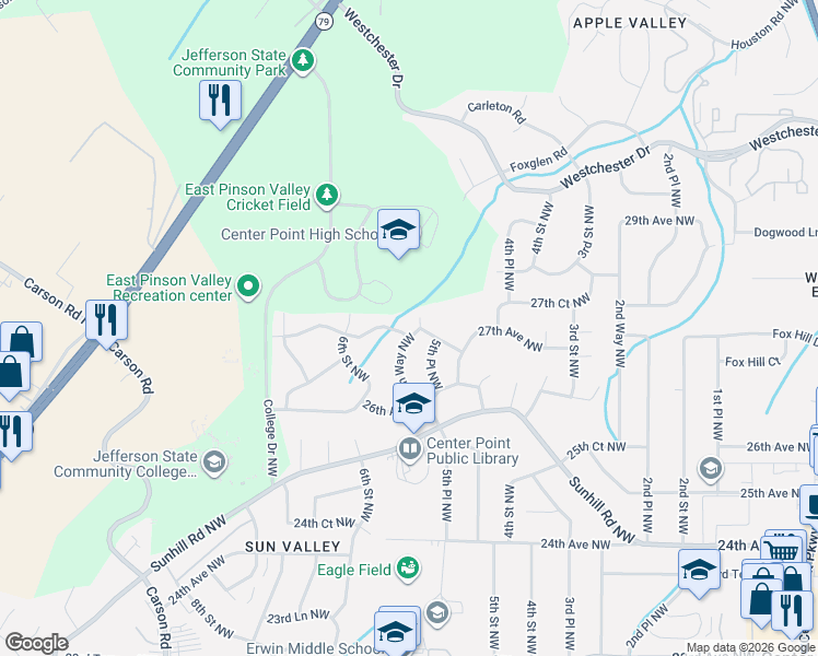 map of restaurants, bars, coffee shops, grocery stores, and more near 524 27th Avenue Northwest in Center Point