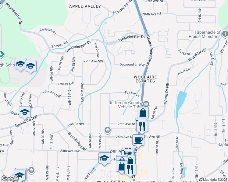 map of restaurants, bars, coffee shops, grocery stores, and more near 120 Fox Hill Drive in Center Point