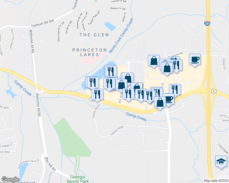 map of restaurants, bars, coffee shops, grocery stores, and more near 3730 Carmia Drive Southwest in Atlanta