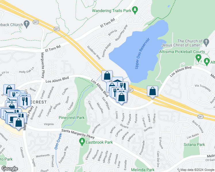 map of restaurants, bars, coffee shops, grocery stores, and more near 28601 Los Alisos Boulevard in Mission Viejo