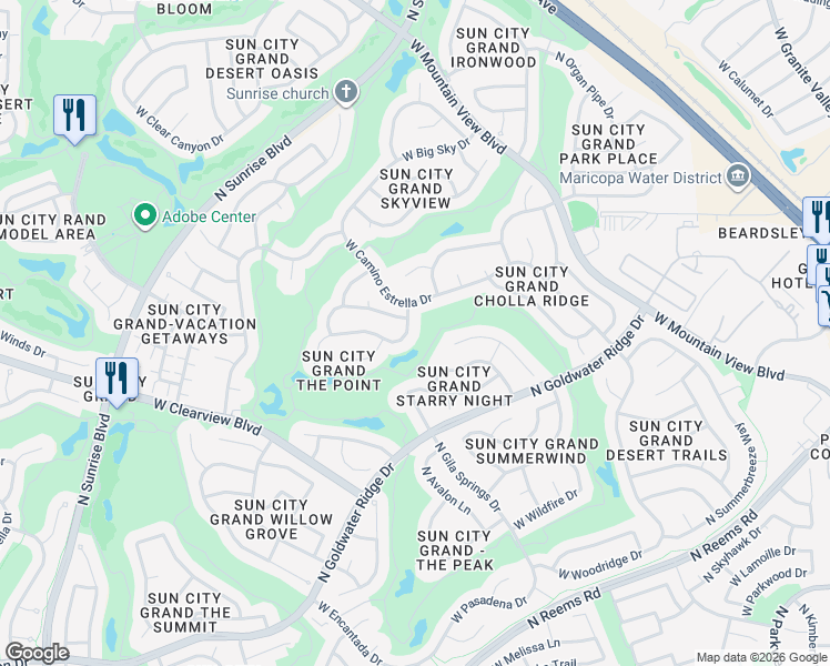 map of restaurants, bars, coffee shops, grocery stores, and more near 15415 West Camino Estrella Drive in Surprise