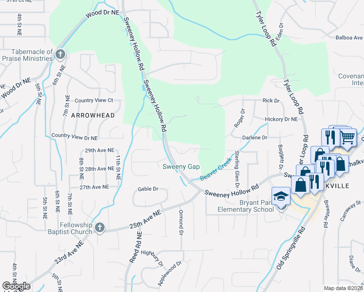 map of restaurants, bars, coffee shops, grocery stores, and more near 2545 Sweeney Hollow Road in Birmingham