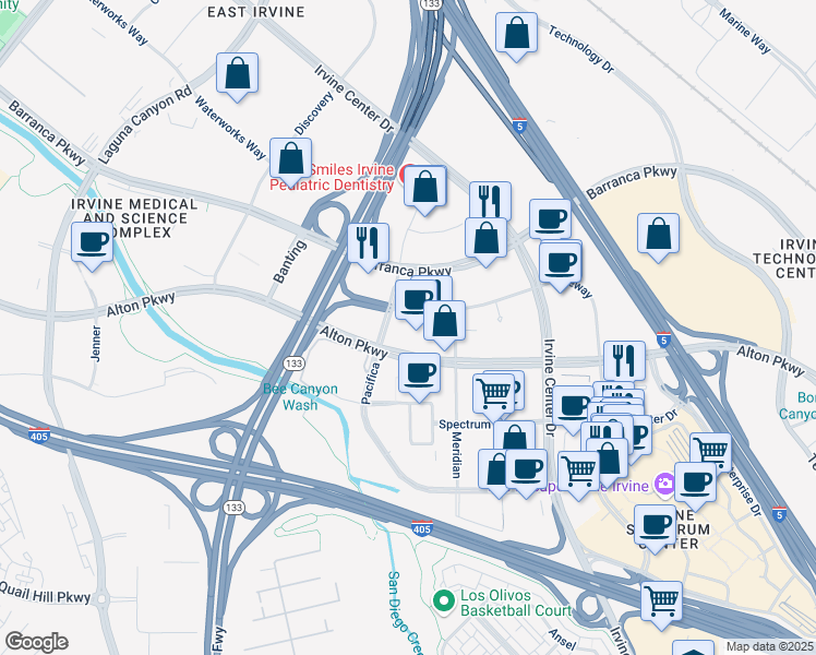 map of restaurants, bars, coffee shops, grocery stores, and more near 15635 Alton Parkway in Irvine