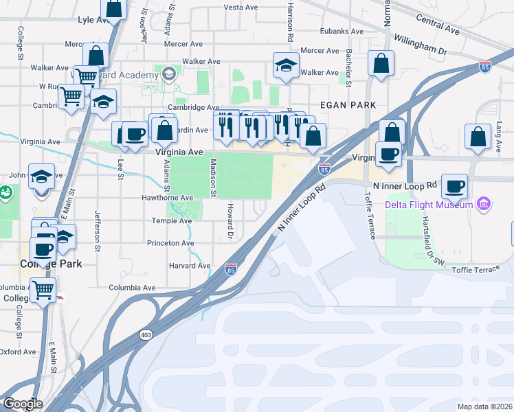 map of restaurants, bars, coffee shops, grocery stores, and more near 3619 Temple Avenue in Atlanta