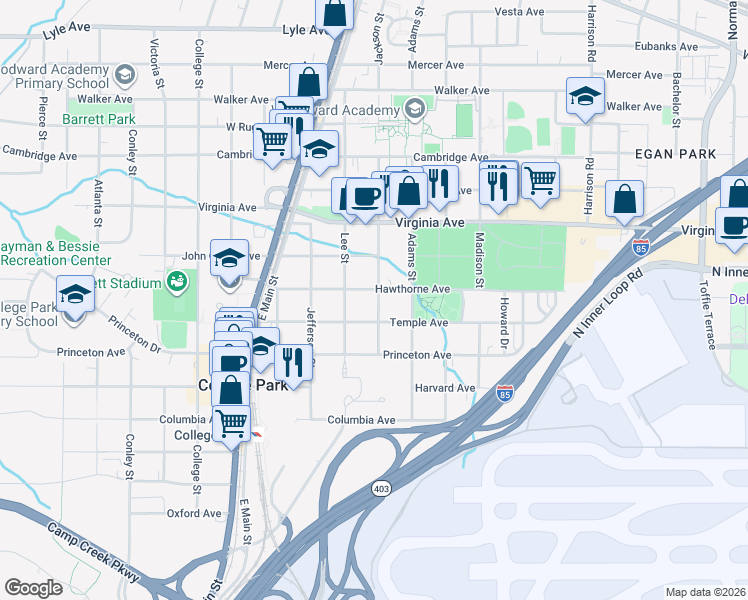 map of restaurants, bars, coffee shops, grocery stores, and more near 1674 Hawthorne Avenue in Atlanta