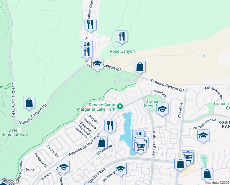 map of restaurants, bars, coffee shops, grocery stores, and more near 37 Lobelia in Rancho Santa Margarita
