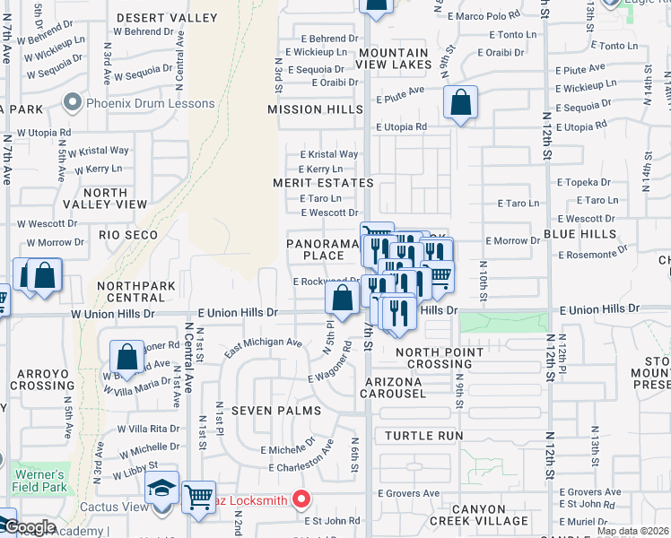 map of restaurants, bars, coffee shops, grocery stores, and more near 536 East Rosemonte Drive in Phoenix