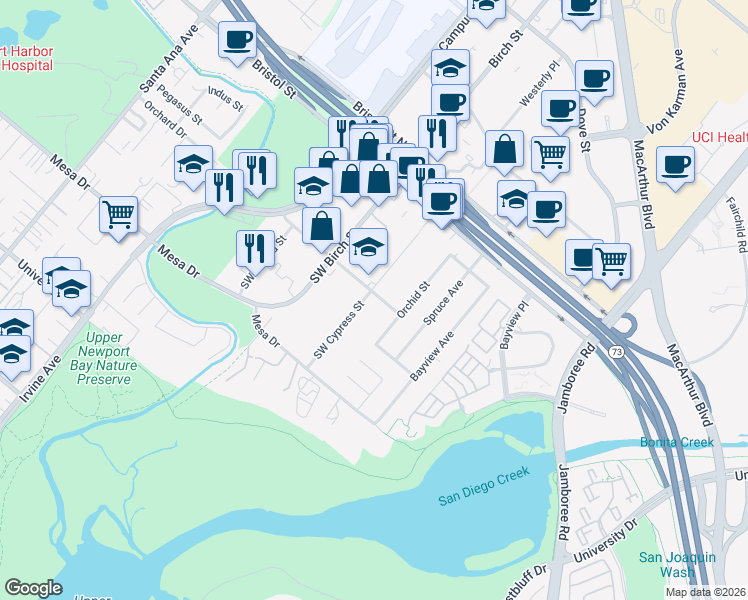 map of restaurants, bars, coffee shops, grocery stores, and more near 2262 Orchard Drive in Newport Beach