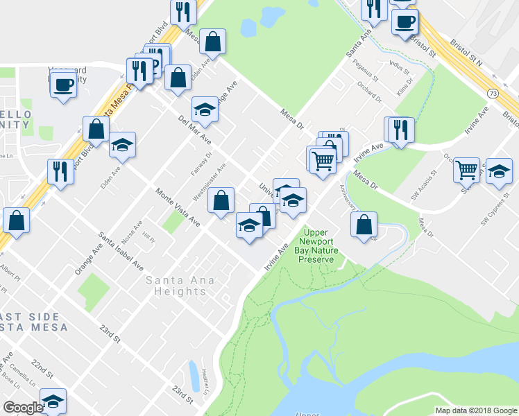 map of restaurants, bars, coffee shops, grocery stores, and more near 345 University Drive in Costa Mesa