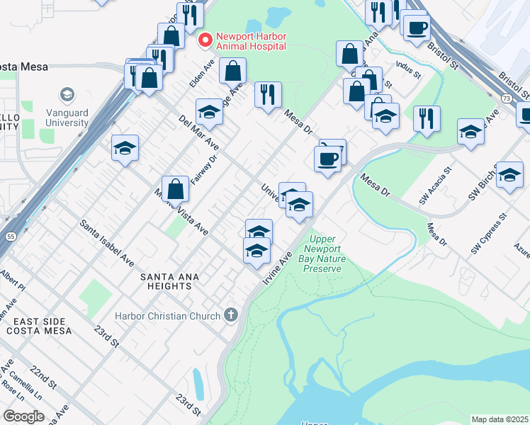 map of restaurants, bars, coffee shops, grocery stores, and more near 345 University Drive in Costa Mesa