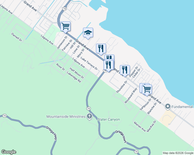 map of restaurants, bars, coffee shops, grocery stores, and more near 15790 Laguna Avenue in Lake Elsinore