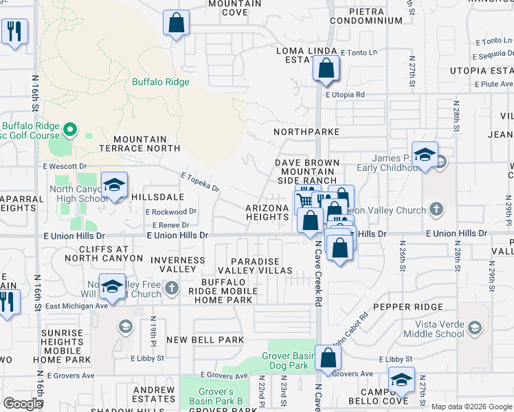 map of restaurants, bars, coffee shops, grocery stores, and more near 2125 East Kerry Lane in Phoenix