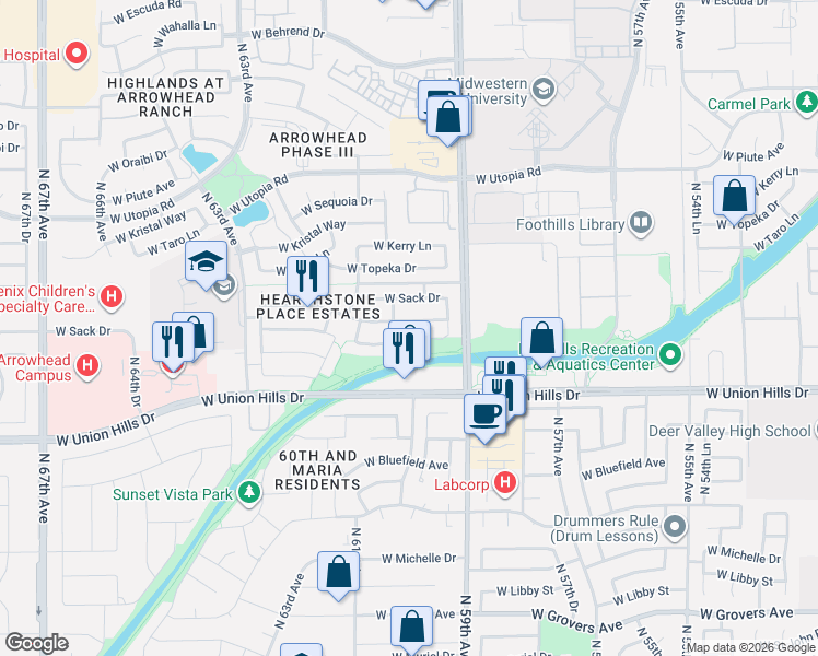 map of restaurants, bars, coffee shops, grocery stores, and more near 5942 West Kimberly Way in Glendale