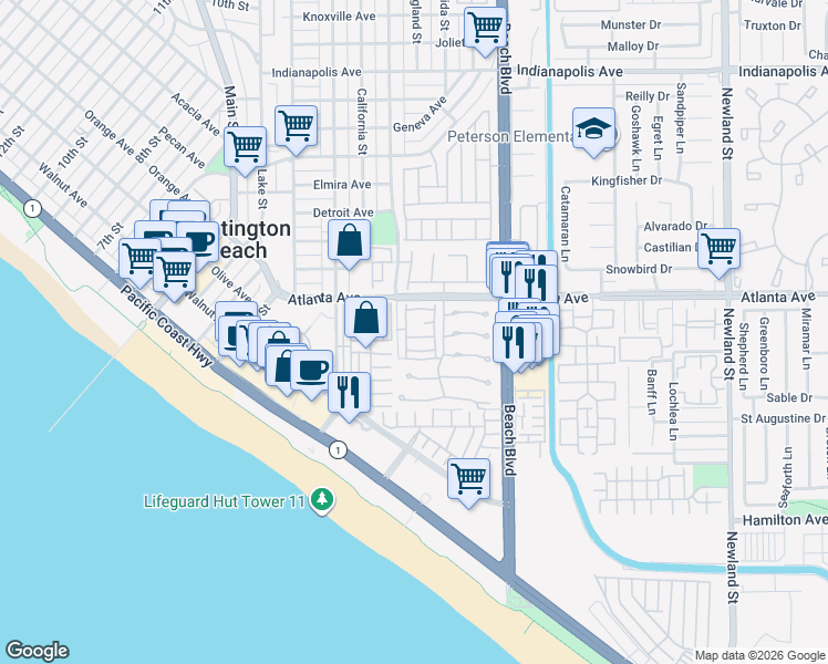 map of restaurants, bars, coffee shops, grocery stores, and more near 7825 Starshell Drive in Huntington Beach