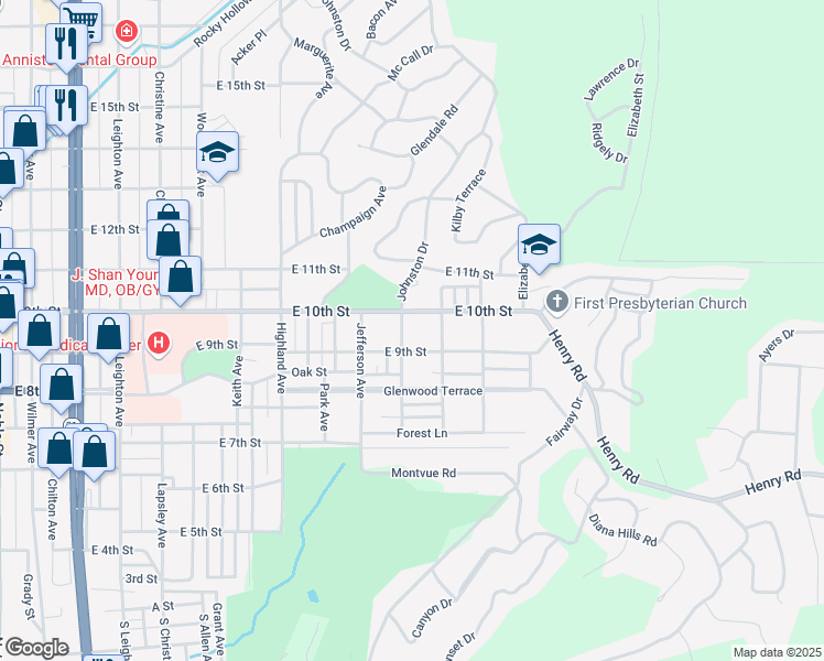 map of restaurants, bars, coffee shops, grocery stores, and more near 925 Kirkwood Avenue in Anniston