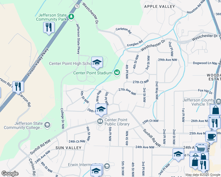map of restaurants, bars, coffee shops, grocery stores, and more near 2701 5th Way Northwest in Center Point
