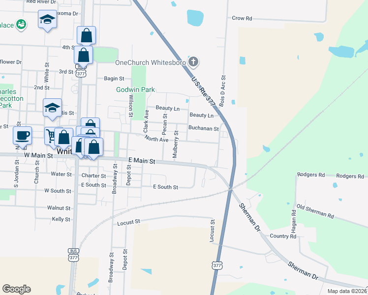 map of restaurants, bars, coffee shops, grocery stores, and more near 701 North Avenue in Whitesboro