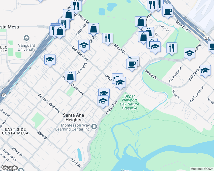map of restaurants, bars, coffee shops, grocery stores, and more near 345 University Drive in Costa Mesa