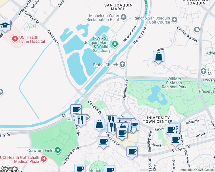 map of restaurants, bars, coffee shops, grocery stores, and more near 189 Stanford in Irvine