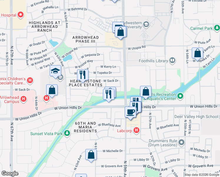 map of restaurants, bars, coffee shops, grocery stores, and more near 5942 West Kimberly Way in Glendale