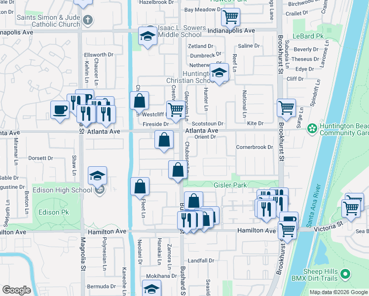 map of restaurants, bars, coffee shops, grocery stores, and more near 21091 Chubasco Lane in Huntington Beach