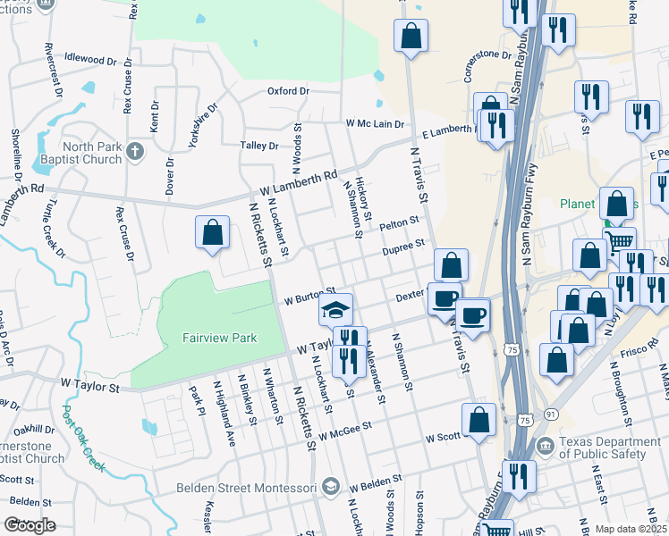 map of restaurants, bars, coffee shops, grocery stores, and more near 2120 Alexander Street in Sherman