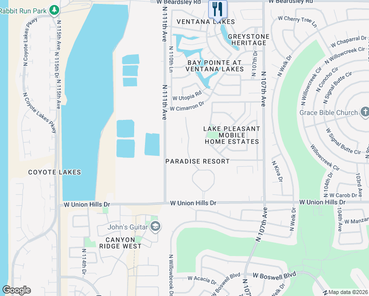 map of restaurants, bars, coffee shops, grocery stores, and more near Paradise Resort Travel Trailers in Sun City