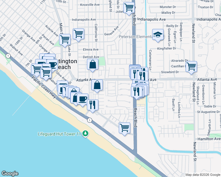 map of restaurants, bars, coffee shops, grocery stores, and more near 7825 Starshell Drive in Huntington Beach