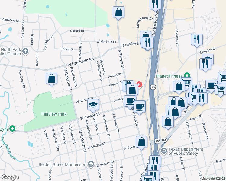 map of restaurants, bars, coffee shops, grocery stores, and more near 2117 North Hickory Street in Sherman