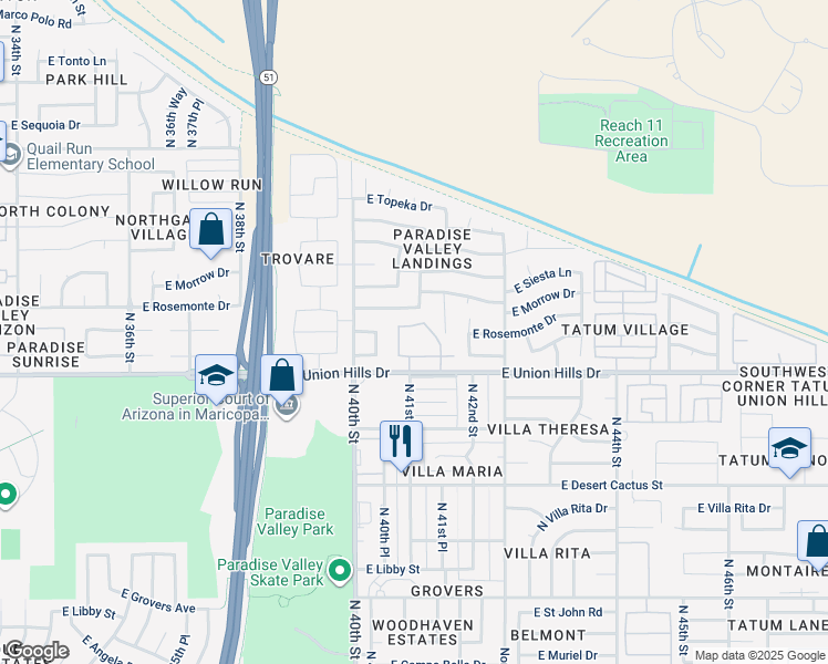map of restaurants, bars, coffee shops, grocery stores, and more near 4114 East Union Hills Drive in Phoenix