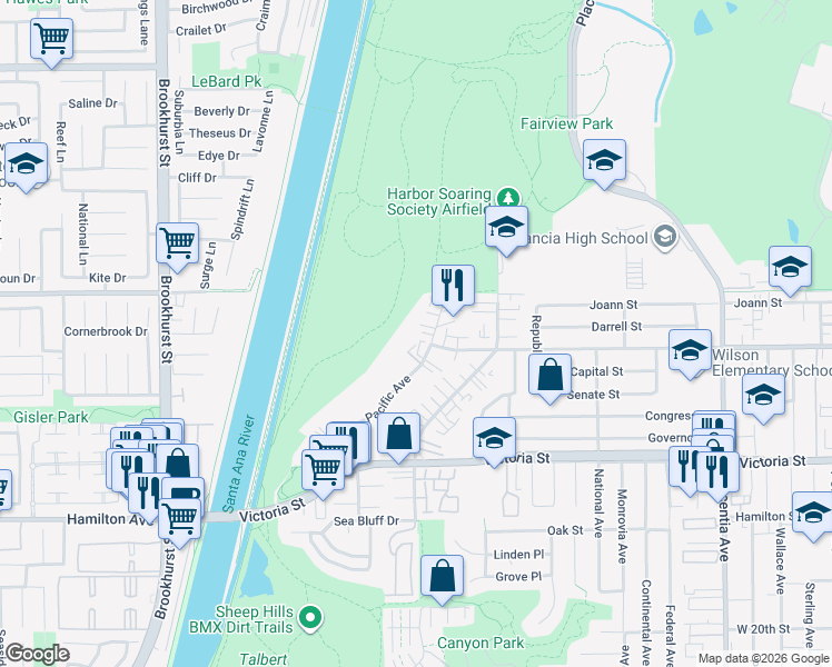 map of restaurants, bars, coffee shops, grocery stores, and more near 2271 Pacific Avenue in Costa Mesa
