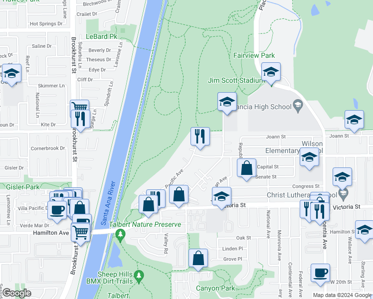 map of restaurants, bars, coffee shops, grocery stores, and more near 1105 Mesa Bluff Drive in Costa Mesa