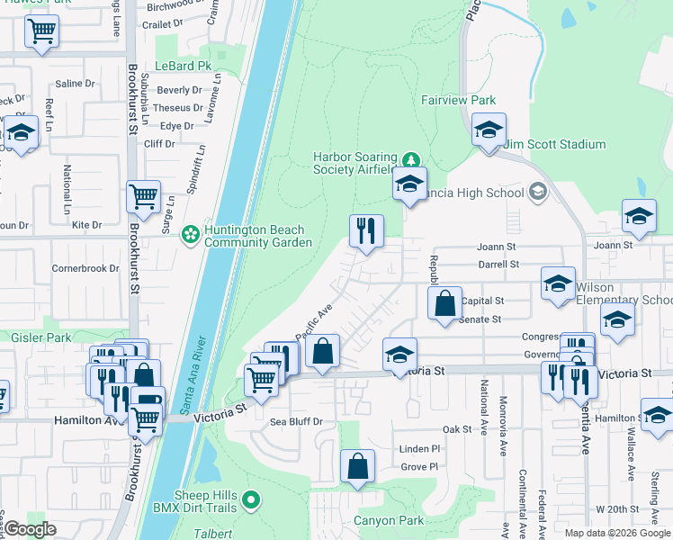 map of restaurants, bars, coffee shops, grocery stores, and more near 1087 Mesa Bluff Drive in Costa Mesa