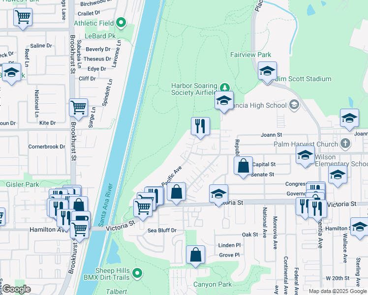map of restaurants, bars, coffee shops, grocery stores, and more near 1105 Mesa Bluff Drive in Costa Mesa