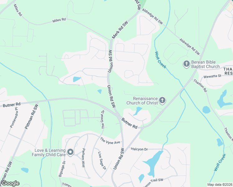 map of restaurants, bars, coffee shops, grocery stores, and more near 3610 Union Road Southwest in Atlanta