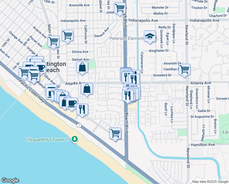 map of restaurants, bars, coffee shops, grocery stores, and more near 7911 Seawall Circle in Huntington Beach