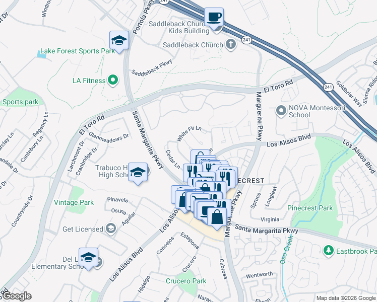 map of restaurants, bars, coffee shops, grocery stores, and more near 21091 Redwood Lane in Mission Viejo