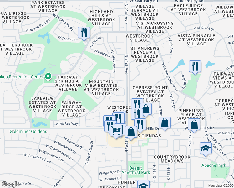 map of restaurants, bars, coffee shops, grocery stores, and more near 19006 North 91st Lane in Peoria