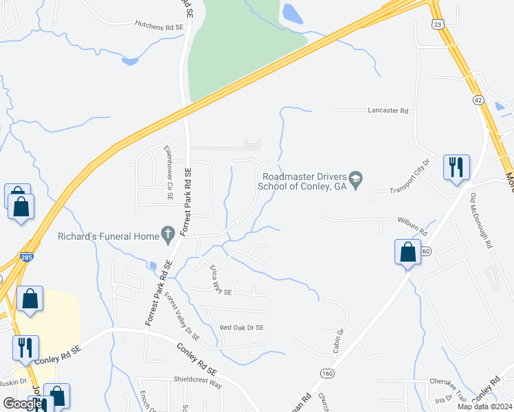 map of restaurants, bars, coffee shops, grocery stores, and more near 3568 Oakshire Way Southeast in Atlanta