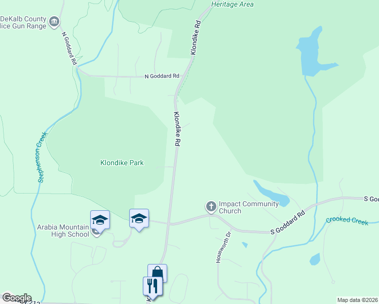 map of restaurants, bars, coffee shops, grocery stores, and more near 4264 Klondike Road in Stonecrest