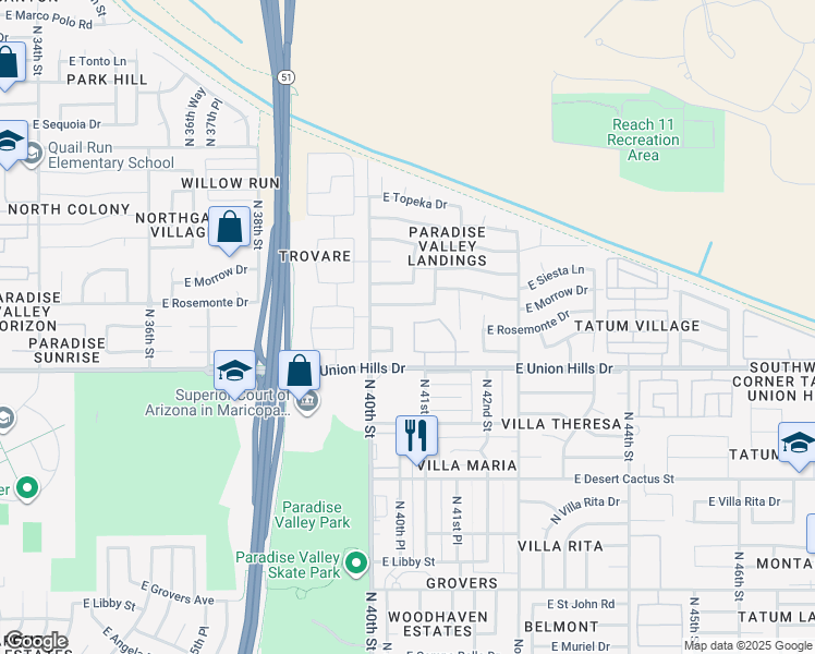 map of restaurants, bars, coffee shops, grocery stores, and more near 4114 East Union Hills Drive in Phoenix