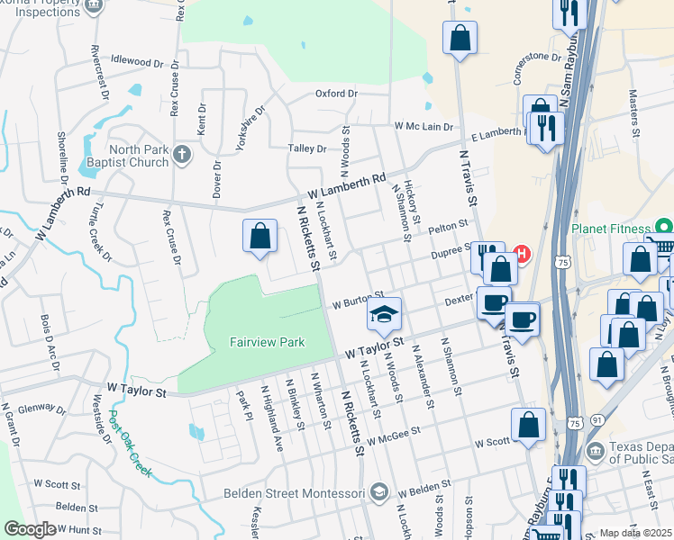 map of restaurants, bars, coffee shops, grocery stores, and more near 600 West Pelton Street in Sherman