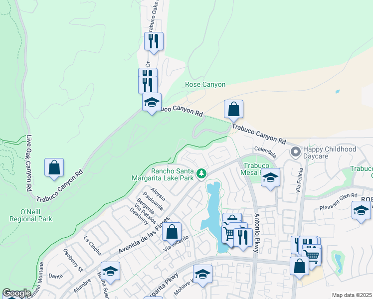 map of restaurants, bars, coffee shops, grocery stores, and more near 3 Lobelia in Rancho Santa Margarita