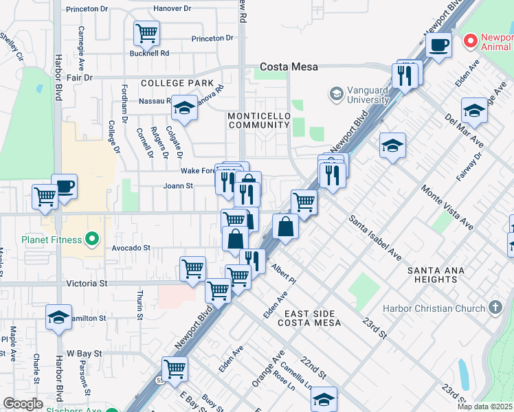 map of restaurants, bars, coffee shops, grocery stores, and more near 174 West Wilson Street in Costa Mesa