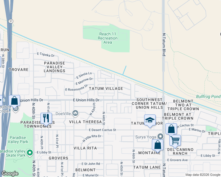 map of restaurants, bars, coffee shops, grocery stores, and more near 4373 East Rosemonte Drive in Phoenix