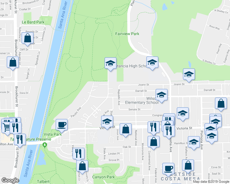 map of restaurants, bars, coffee shops, grocery stores, and more near 978 Modjeska Circle in Costa Mesa