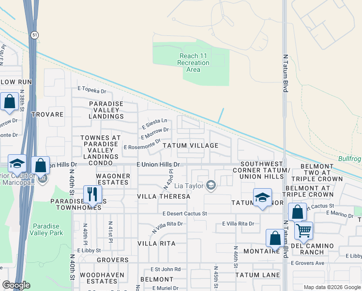 map of restaurants, bars, coffee shops, grocery stores, and more near 18659 North 43rd Place in Phoenix