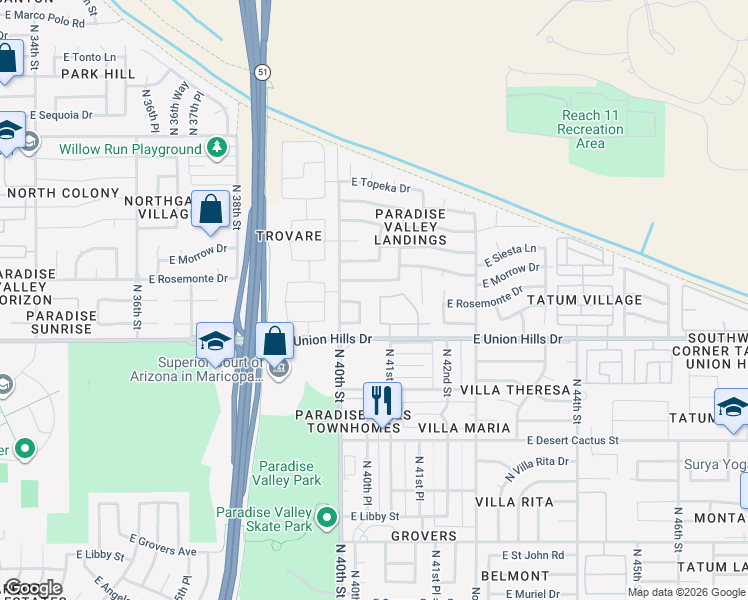 map of restaurants, bars, coffee shops, grocery stores, and more near 4114 East Union Hills Drive in Phoenix