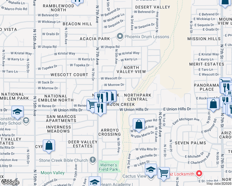 map of restaurants, bars, coffee shops, grocery stores, and more near 402 West Rosemonte Drive in Phoenix